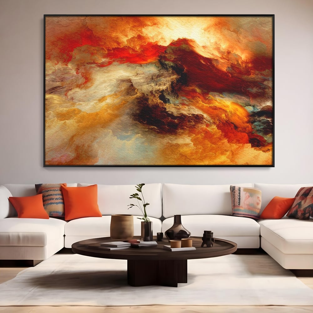 Tablou canvas cu tablou canvas cu compozitie abstracta portocalie, in rama de aluminiu negru, pe perete intr-un living